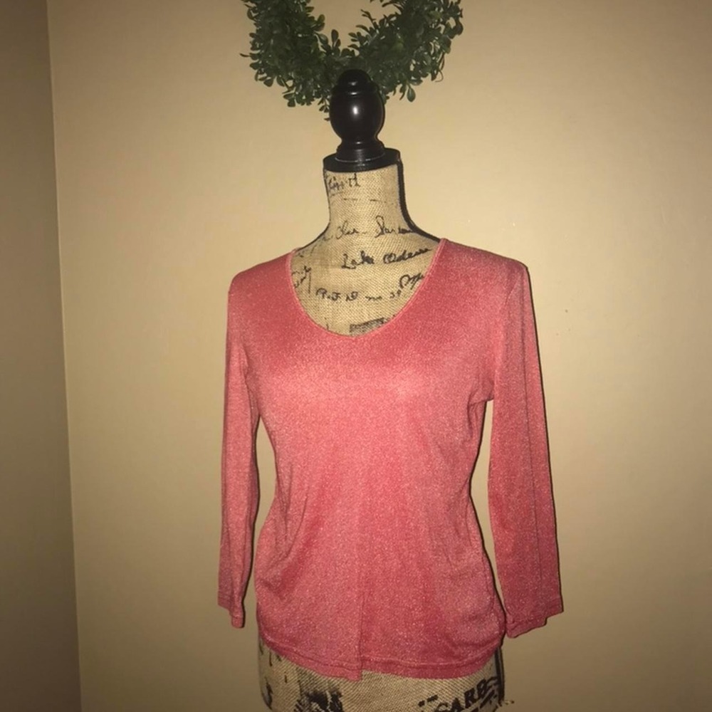 Gap Womens Coral Pink Metallic Shimmer Scoop Neck Long Sleeve Top Shirt